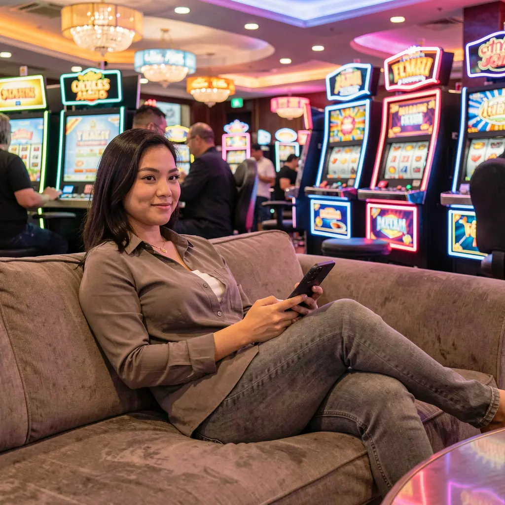 Relaxed Malaysian woman using the ONG66 casino app on her phone while sitting on a luxury sofa in front of bright slot machines