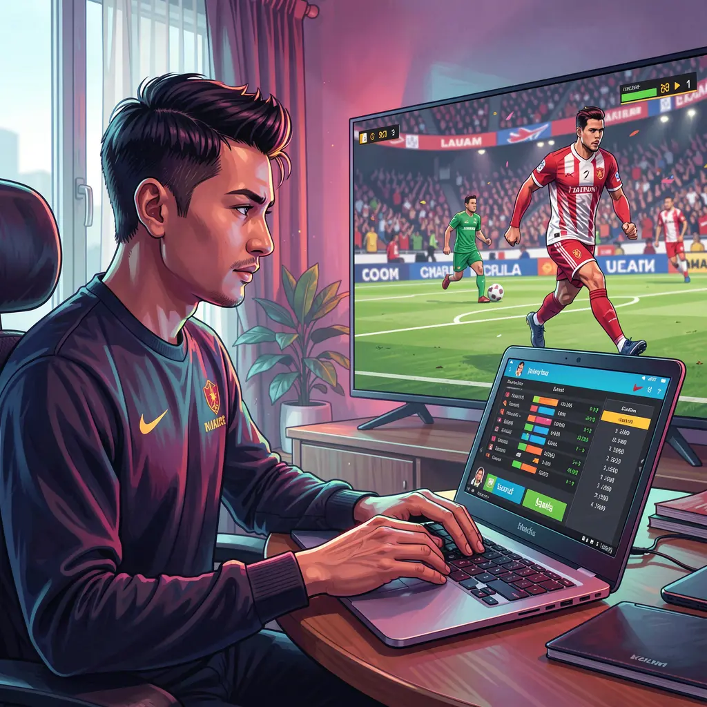 Focused Malaysian bettor analyzing live football odds on a laptop with the ONG66 platform while watching a match on TV at home