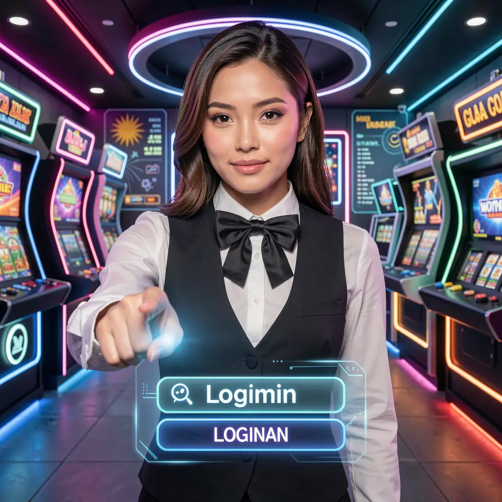 Professional live casino dealer from Malaysia pointing at a virtual login button with neon lights highlighting the ON66 secure sign in process