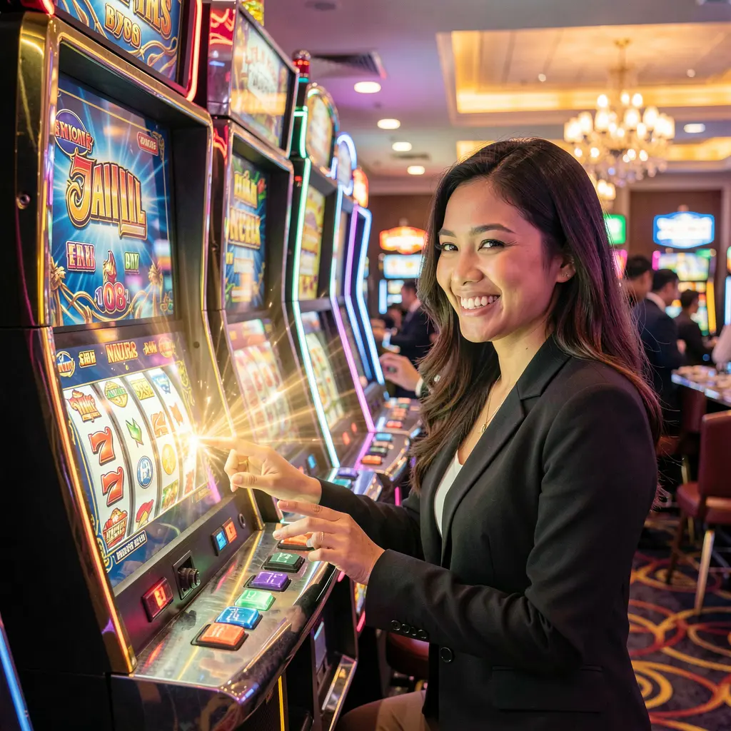 Stylish Malaysian player enjoying vibrant slot machines with glowing reels and neon casino lights at ONG66 casino atmosphere
